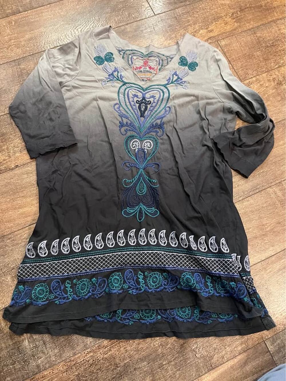 Johnny Was gray-to-blue ombre cotton tunic with blue and turquoise embroidery